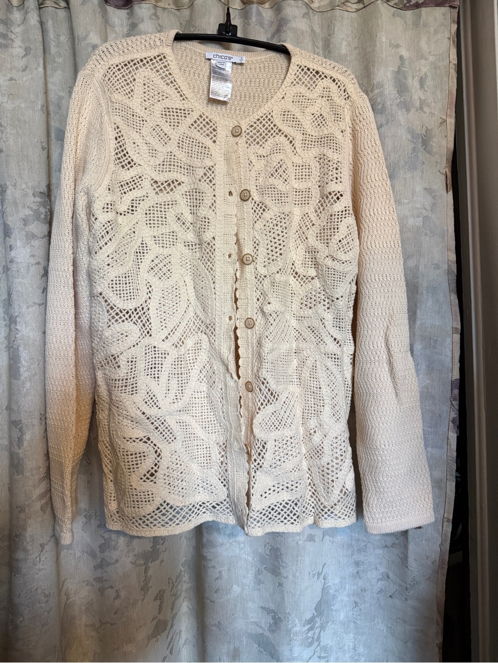 Chico's Cream Soutache-Lace Knit Cardigan Openwork Crochet Button-Front Cardigan